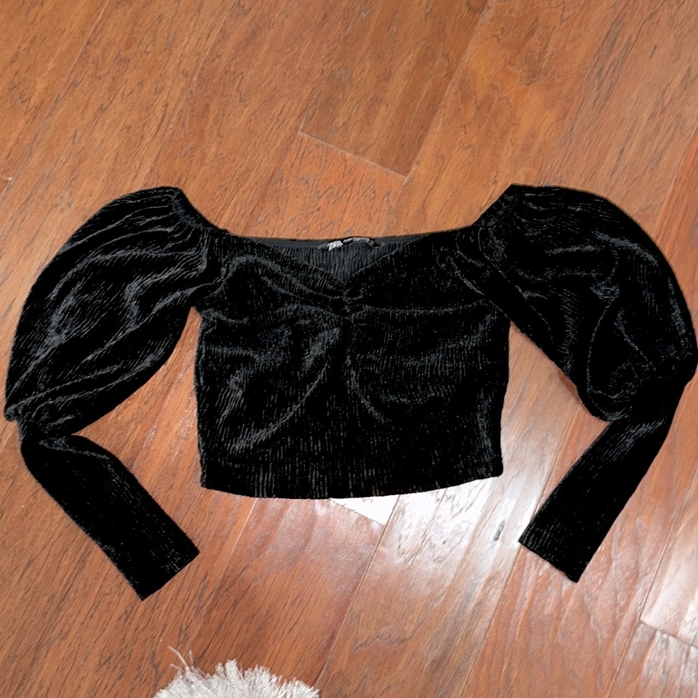 ZARA black velvet rouched crop top